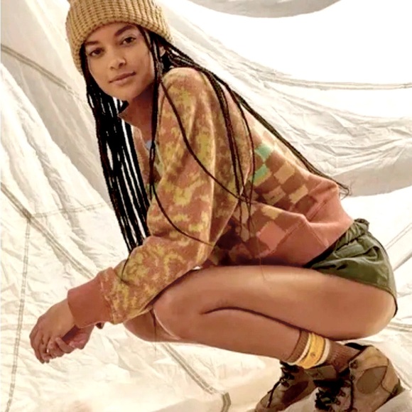 Free People Movement Multicolor Checker Mock Neck Crop Sweatshirt Size Medium - Picture 3 of 9